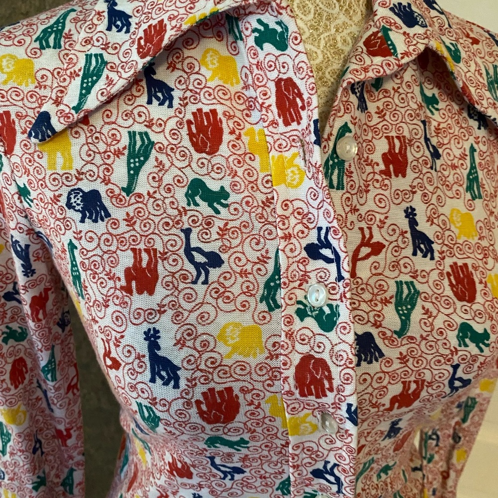 Vintage 70’s animal print Denise Everyware knit blouse long sleeve multicolor XS - Picture 5 of 7